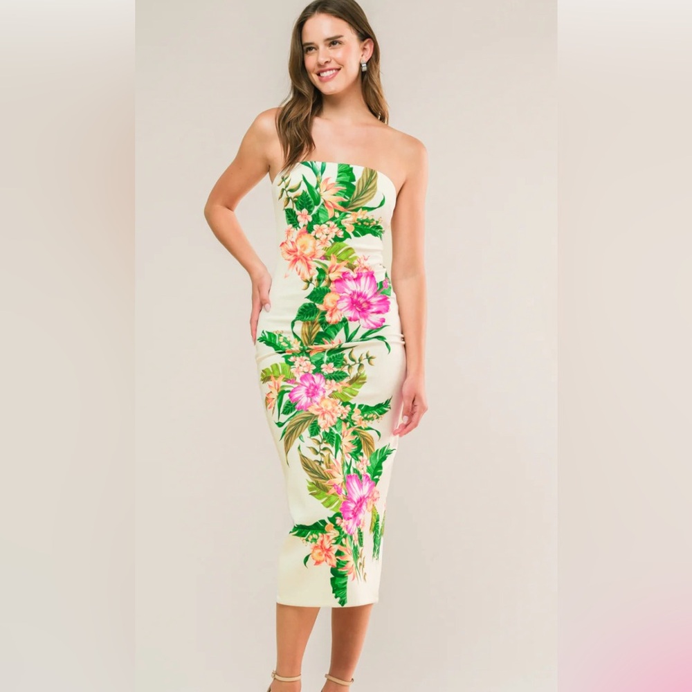 IN MY HAPPY PLACE PONTI MIDI DRESS STRAPLESS